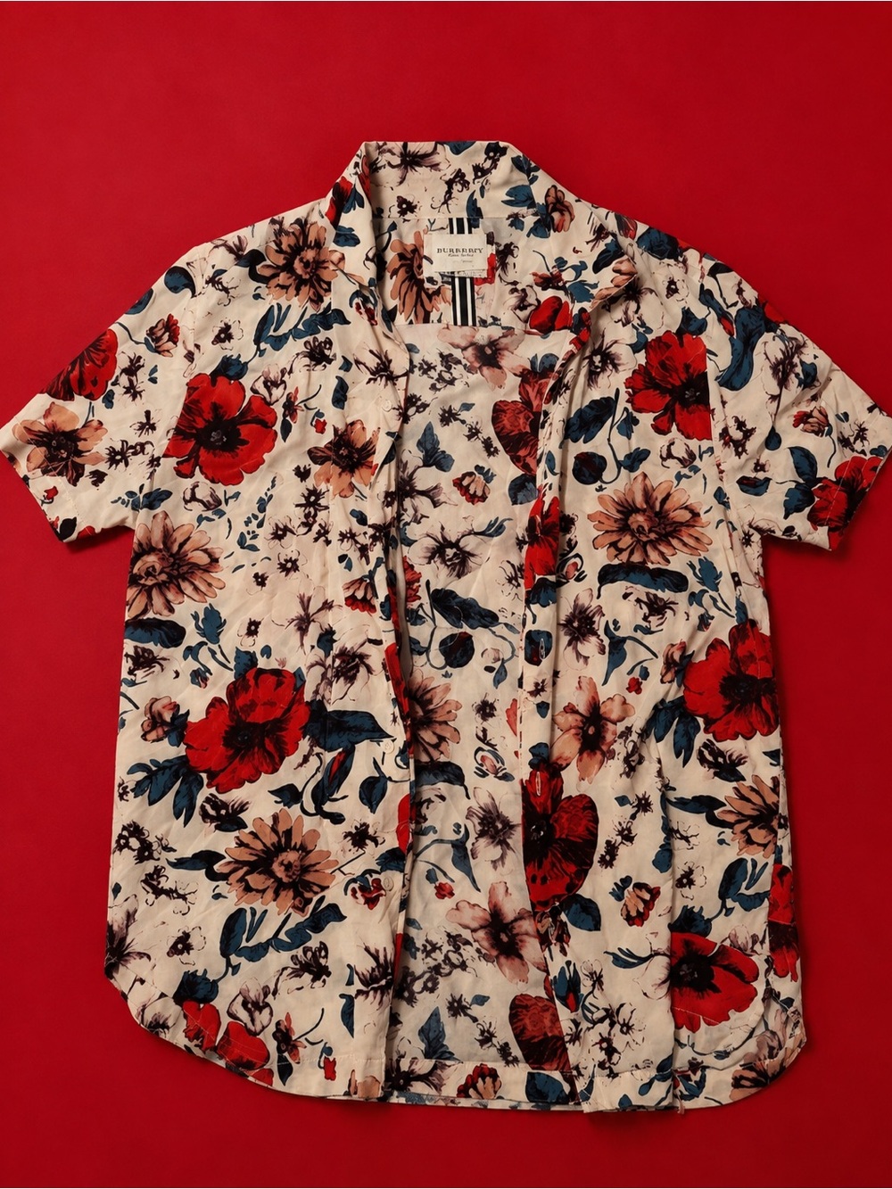 Men's Floral Short-Sleeve Shirt - Cream with Red & Blue Flowers